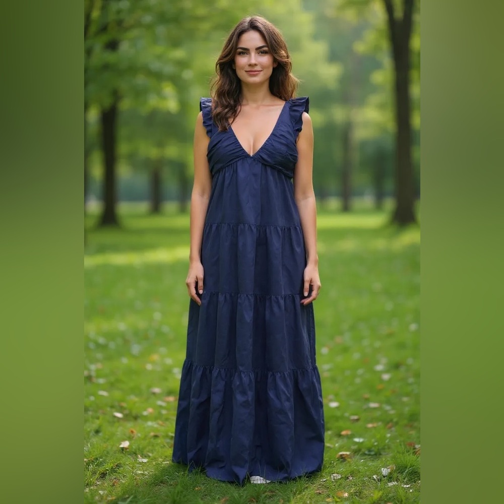 NWT Jason Wu Navy Tiered Maxi Dress – Size S Linen Wedding Guest Summer Boho